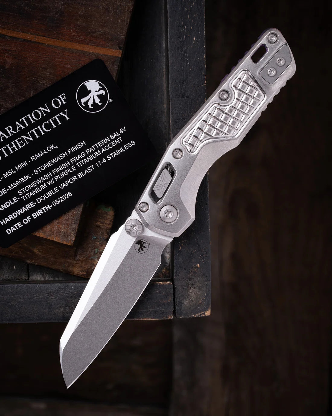 Microtech MSI® MINI- RAM-LOK MARFIONE SELECT STONEWASH FINISH STONEWASH FINISH FRAG PATTERN TITANIUM W/ PURPLE TITANIUM ACCENT DOUBLE VAPOR BLAST STAINLESS (210M-10FRMS4)
