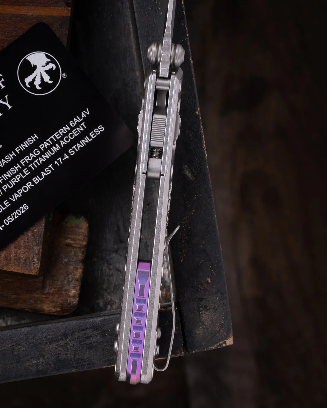 Microtech MSI® MINI- RAM-LOK MARFIONE SELECT STONEWASH FINISH STONEWASH FINISH FRAG PATTERN TITANIUM W/ PURPLE TITANIUM ACCENT DOUBLE VAPOR BLAST STAINLESS (210M-10FRMS4)